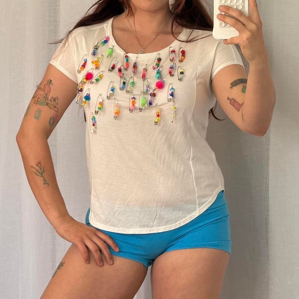 y2k beaded safety pin tee white upcycled statement top ✦ colorful
